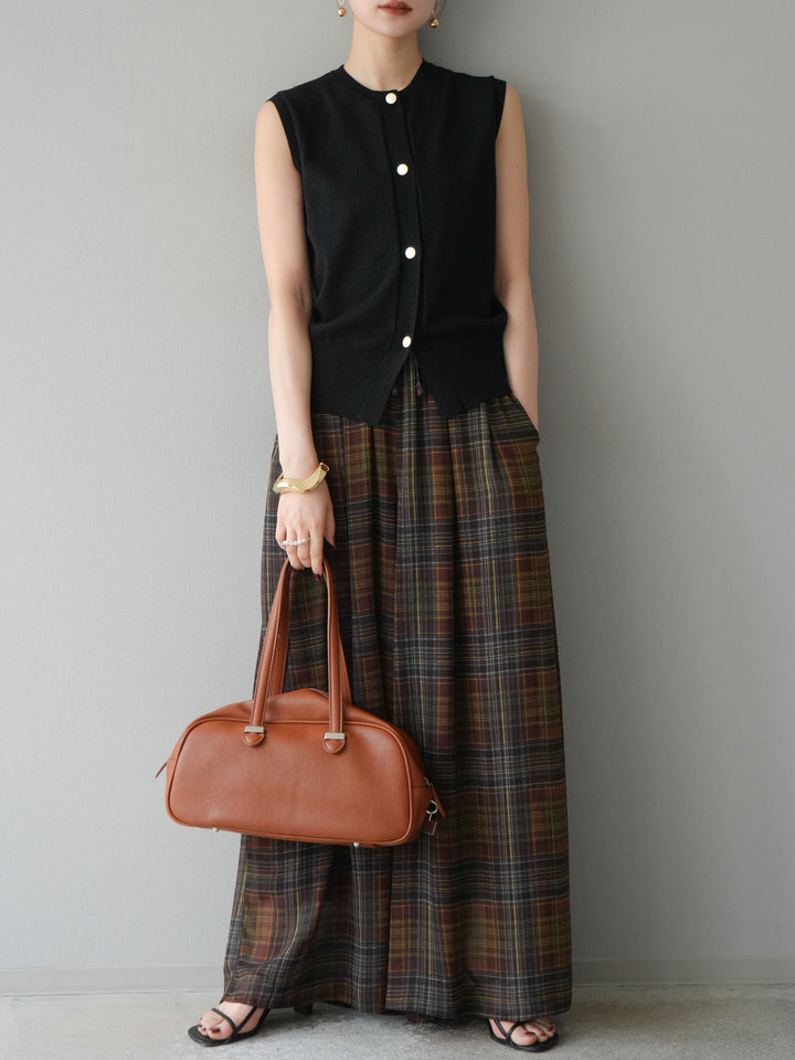 [SET] 金銀絲針織背心 + 透視格紋寬鬆褲 (2 件套)