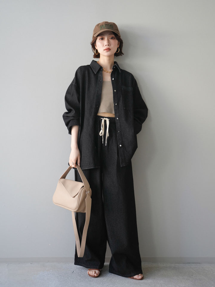 [SET]ポイントレザーオーバーデニムシャツ+ドロストワイドデニムパンツ(2set)