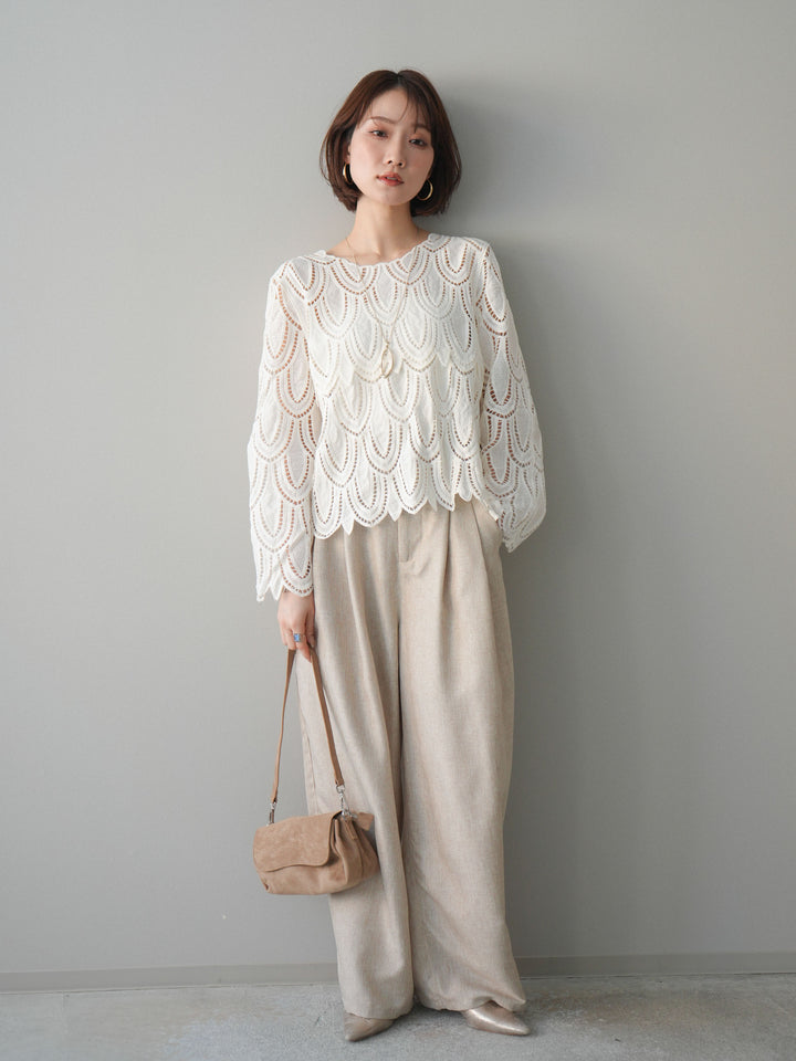 [予約]リネンライクタックワイドパンツ/oatmeal