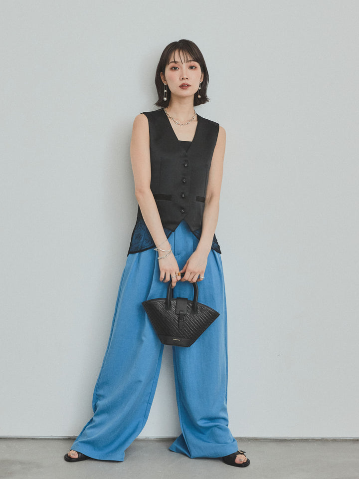 [預購] 緞面 x 蕾絲背心/黑色