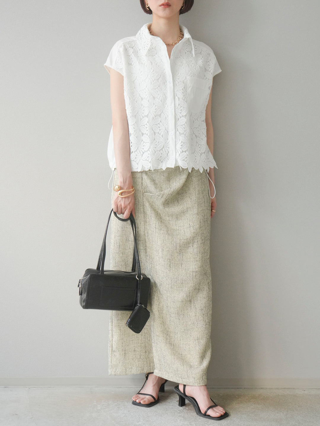 [予約]サマーツイードタックサイドスリットスカート/ベージュ