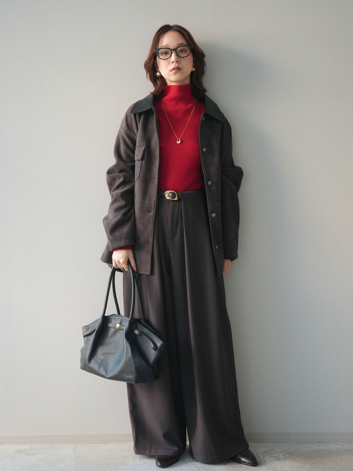 [SET]襟レザーステンカラースエードジャケット+袖ボタンボトルネックリブニットトップス+ベルトループデザインワイドパンツ(3set)