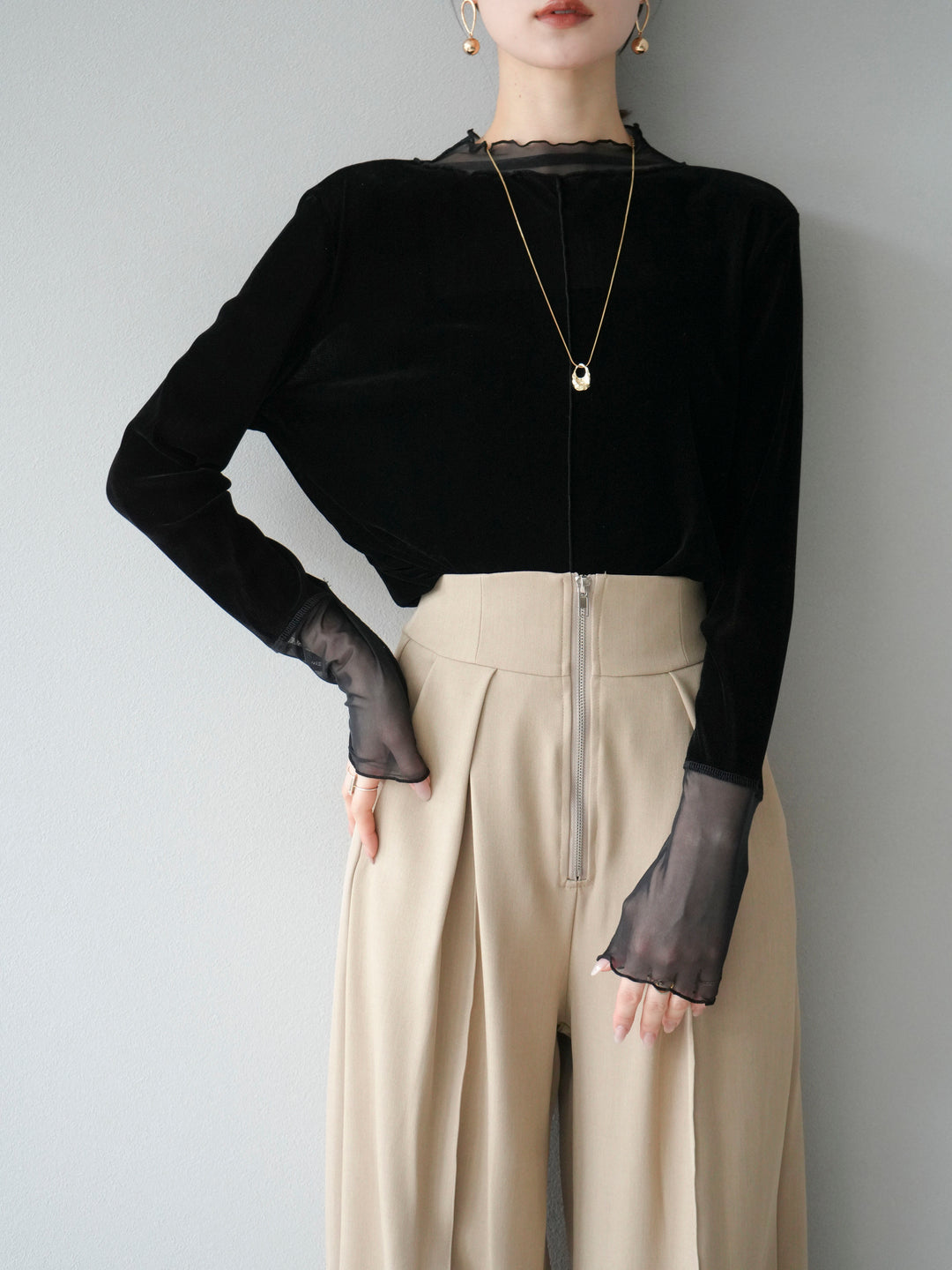 [予約]シアー切替ベロアトップス/ブラック