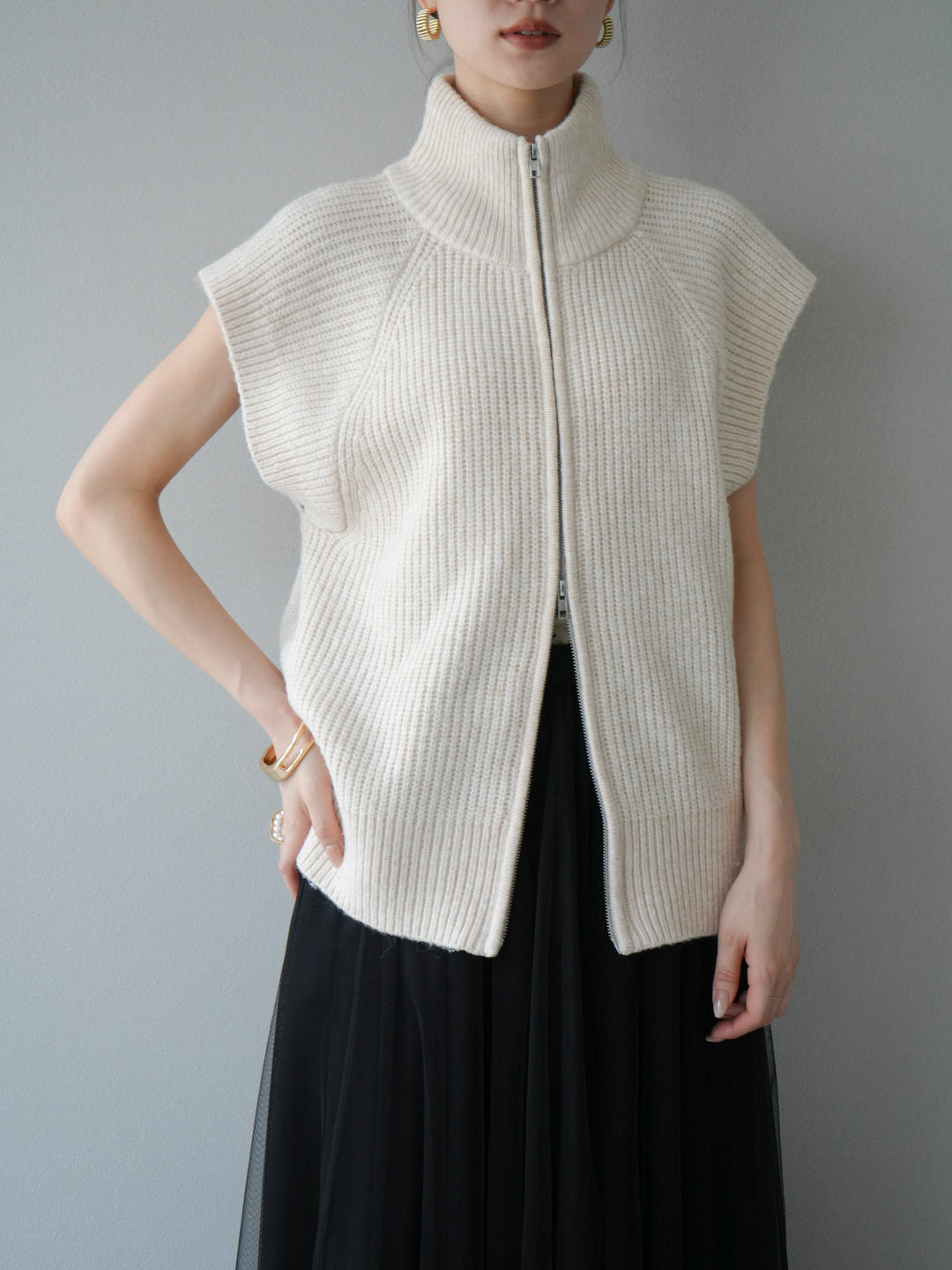 [予約]ダブルZIPハイネック畦編みニットベスト/オートミール