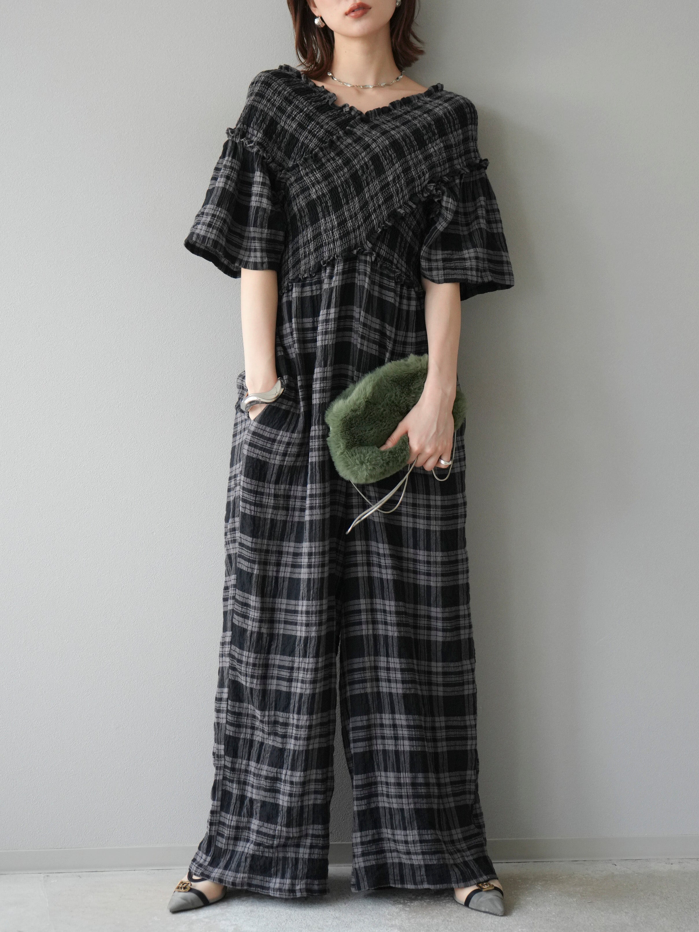 ダブルハート チェック柄サロペット ダブルハート チェック柄サロペット