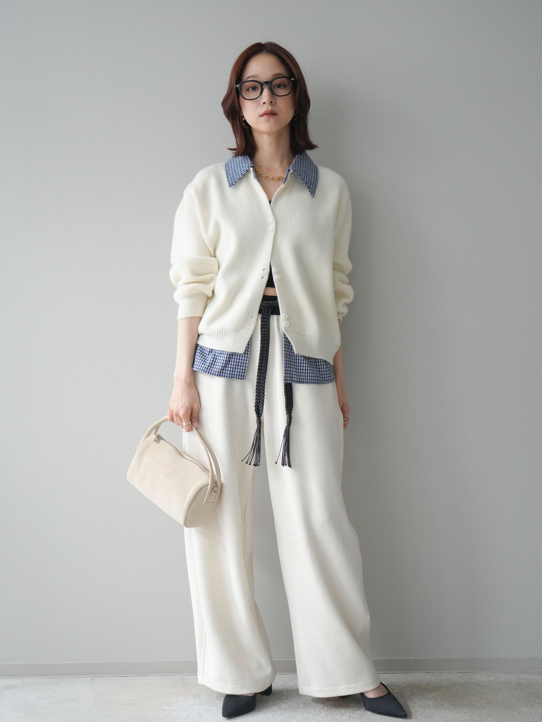 [SET]チェックシャツ襟ニットカーディガン+編み込みベルト付きウエスト配色スエットパンツ(2set)