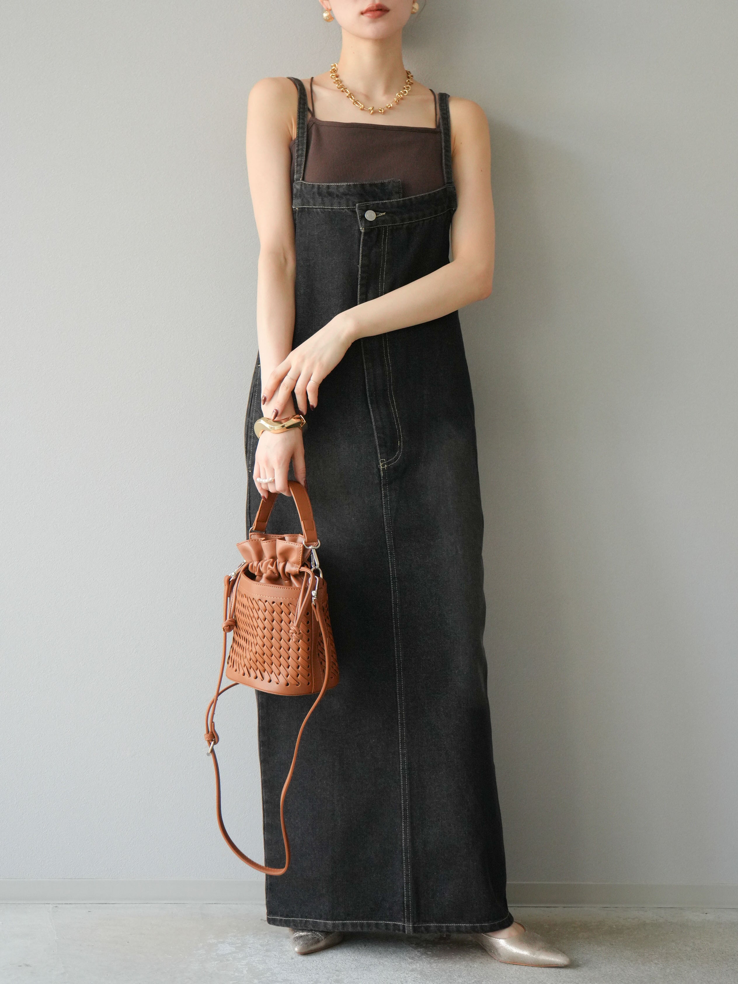 SET]アシンメトリーデニムワンピース+カップ付きバッククロス