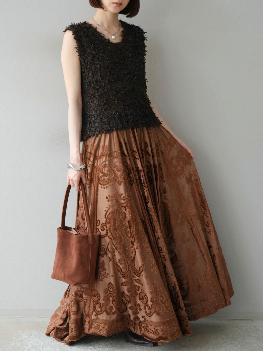 [SET]テープヤーンフリンジニットベスト+アンティーク柄フロッキーマキシスカート(2set)