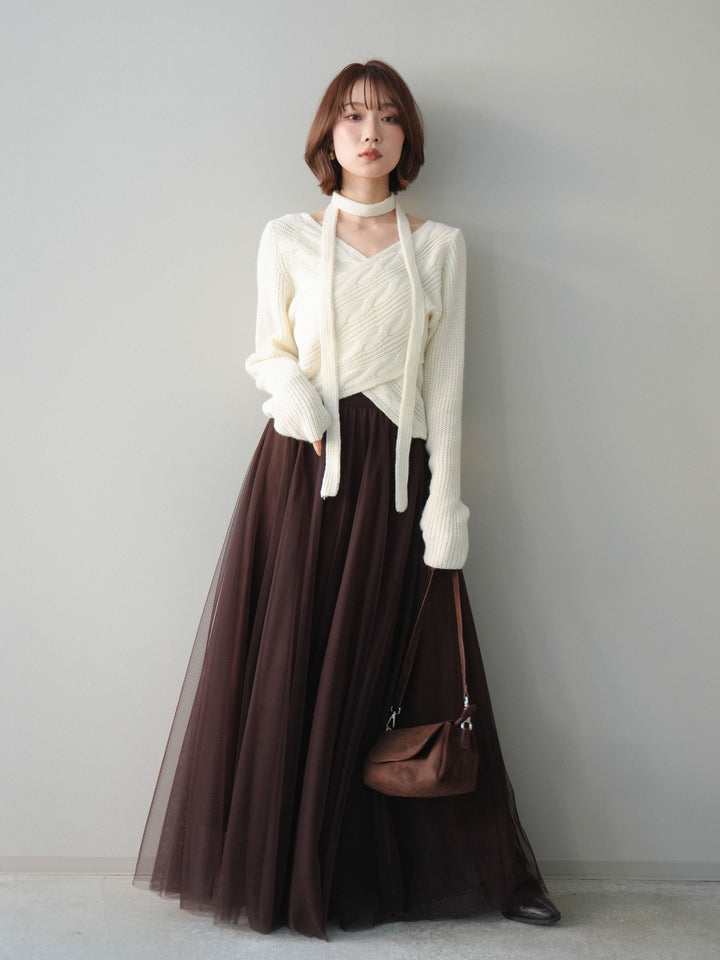 [予約]ケーブル編みクロスニットトップス/white