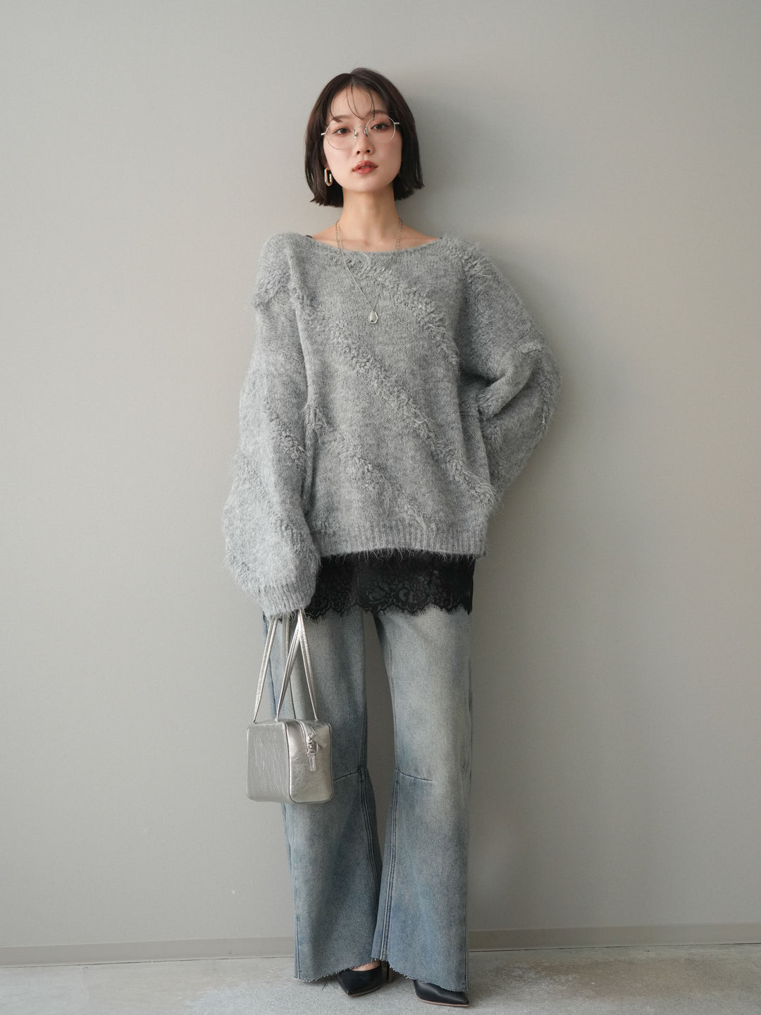 [予約]シャギーデザインニットプルオーバー/gray