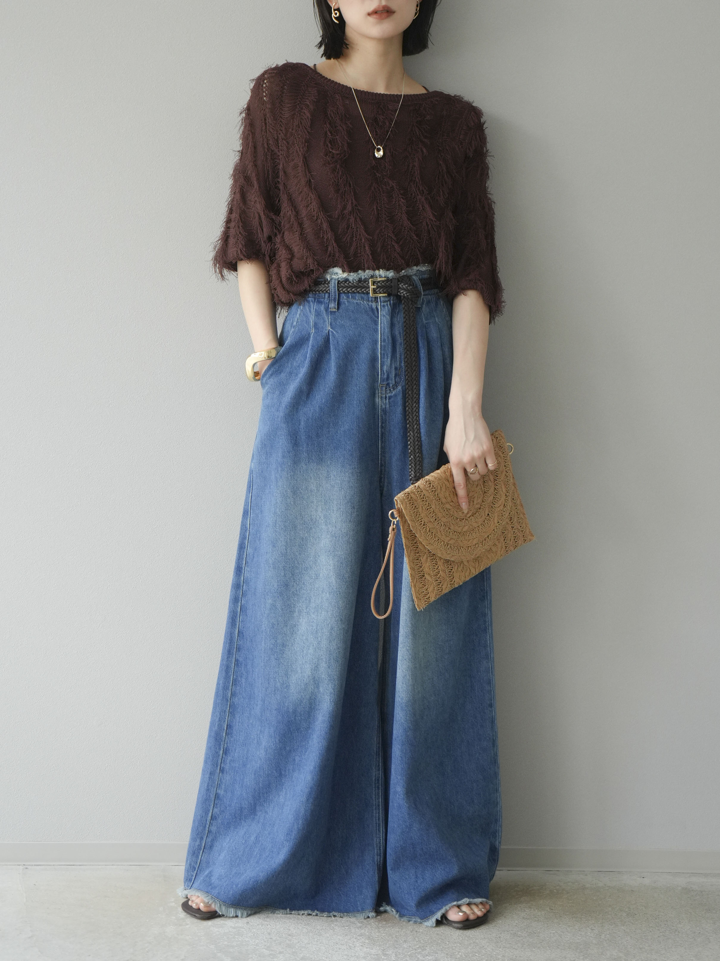 予約]フリンジハイウエストワイドデニムパンツ/ブルー – Lumier