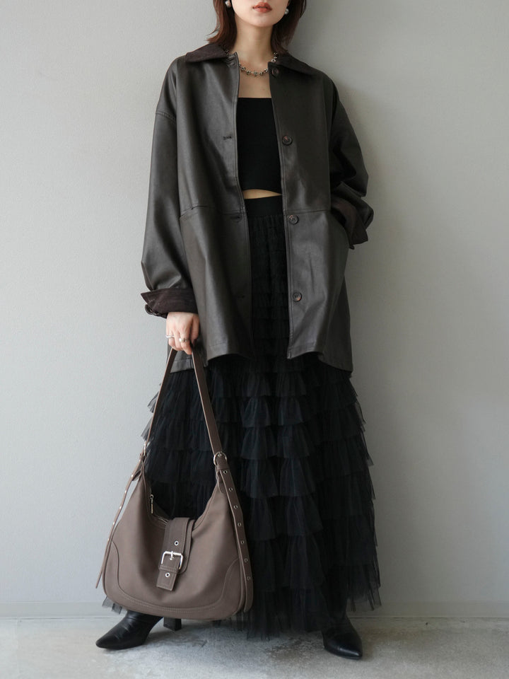 [予約]コーデュロイ襟レザーステンカラージャケット/ブラウン