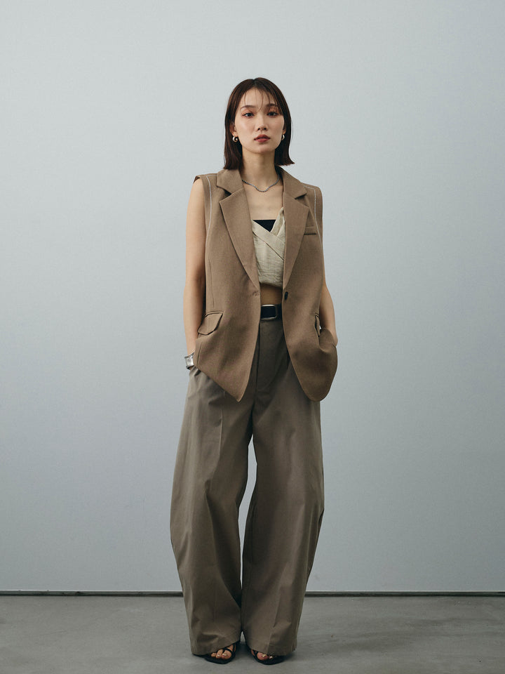 [SET]ステッチデザインベスト+リネンライクカシュクールデザインビスチェ+コクーンワイドチノパンツ(3set)