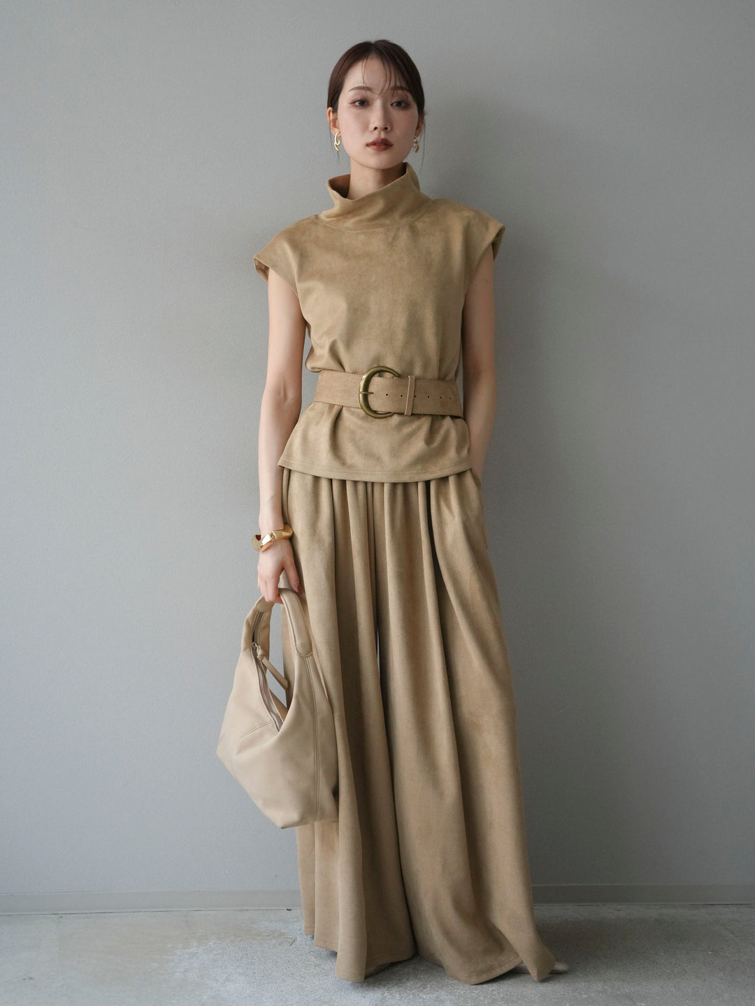 [SET]ベルト付スエードハイネックプルオーバー＆ワイドパンツSET UP