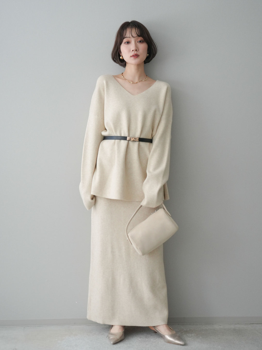 [SET]ベルト付Vネックニット＆スカートSET UP(2set)