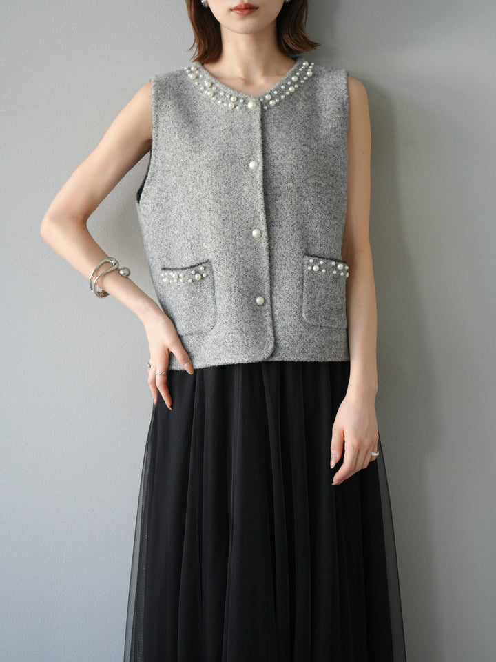 [予約]パールデザインツイードライクニットベスト/グレー