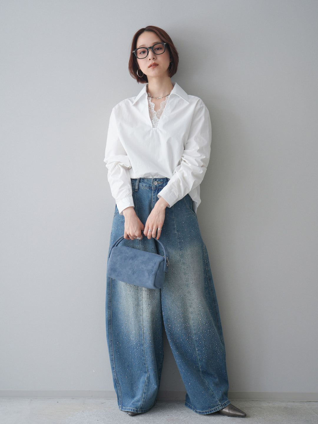 [SET]レースネックスキッパーブラウス+フロントビジューカーブデニムパンツ(2set)