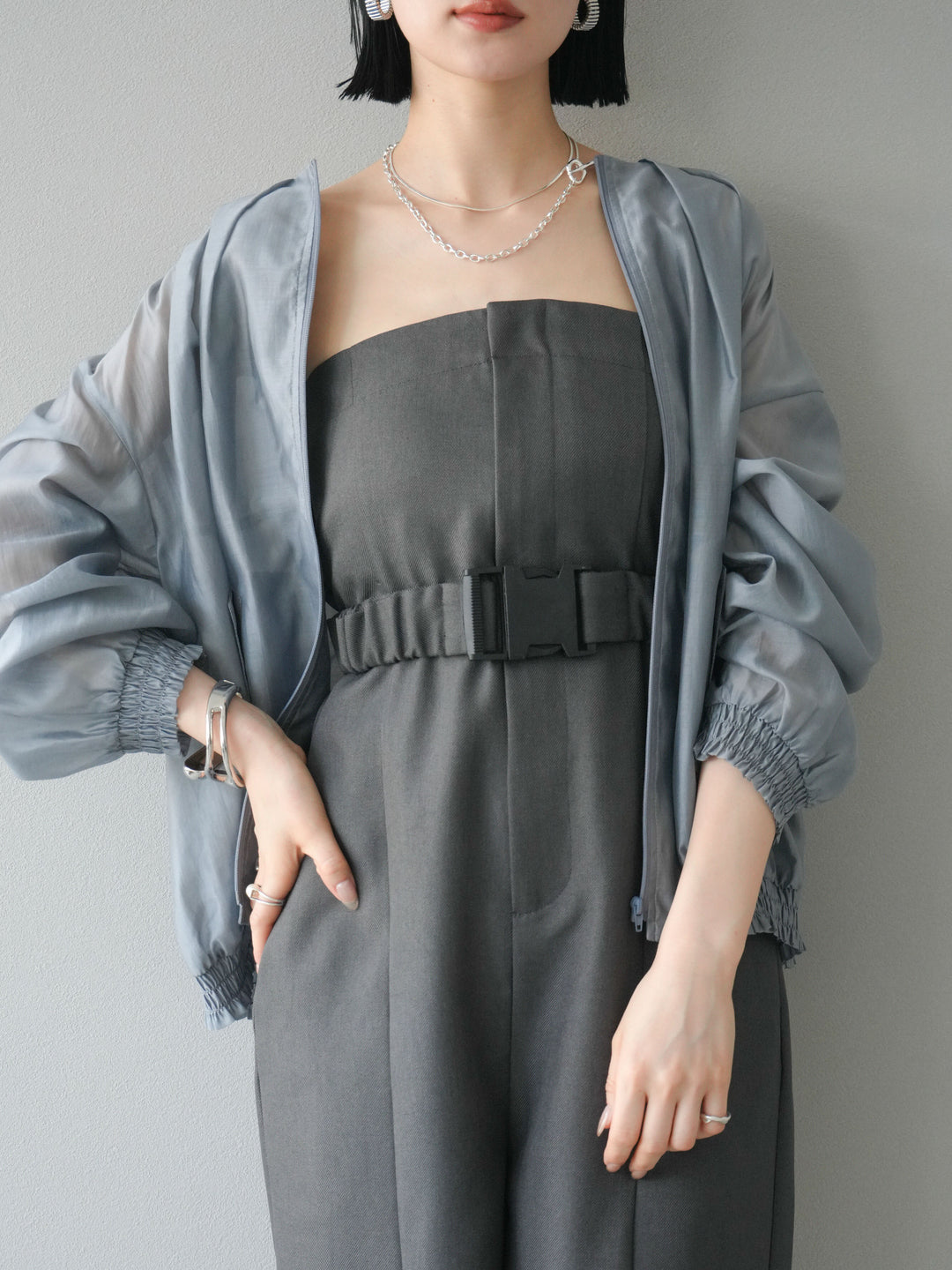 【預訂】褶襉設計透視上衣/灰色