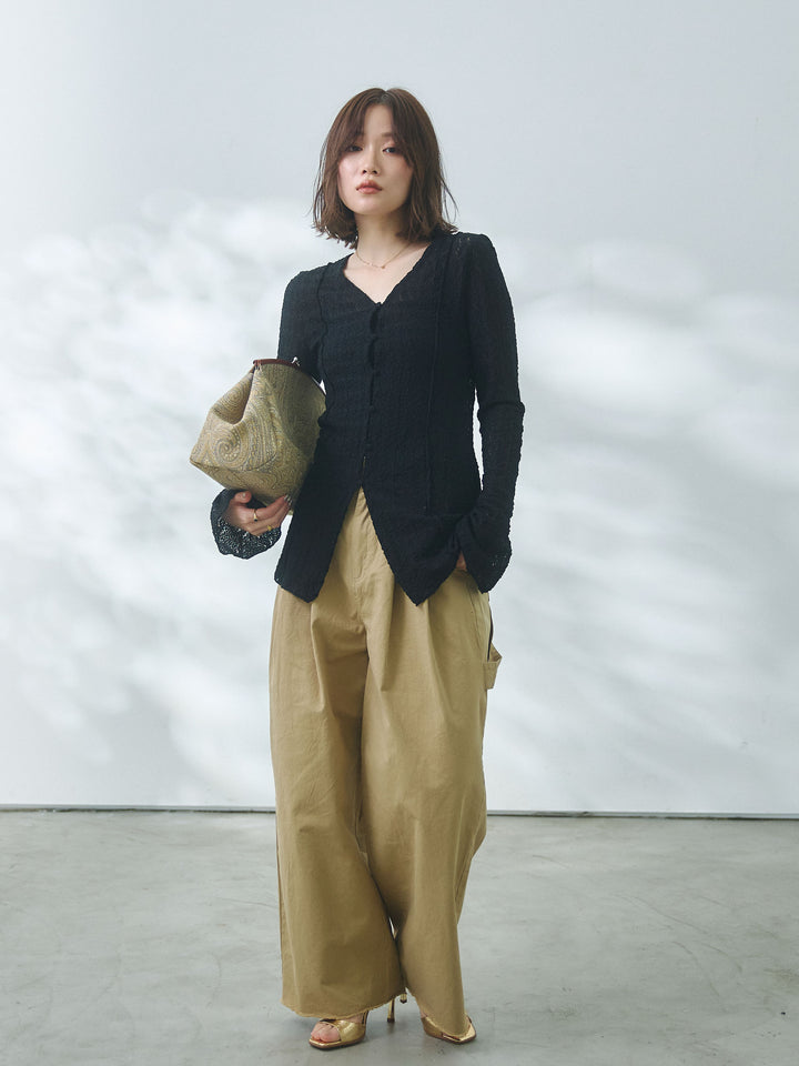 【Allure】[SET]ストレッチレースカーディガン+カットオフコットンツイルタックワイドパンツ(2set)