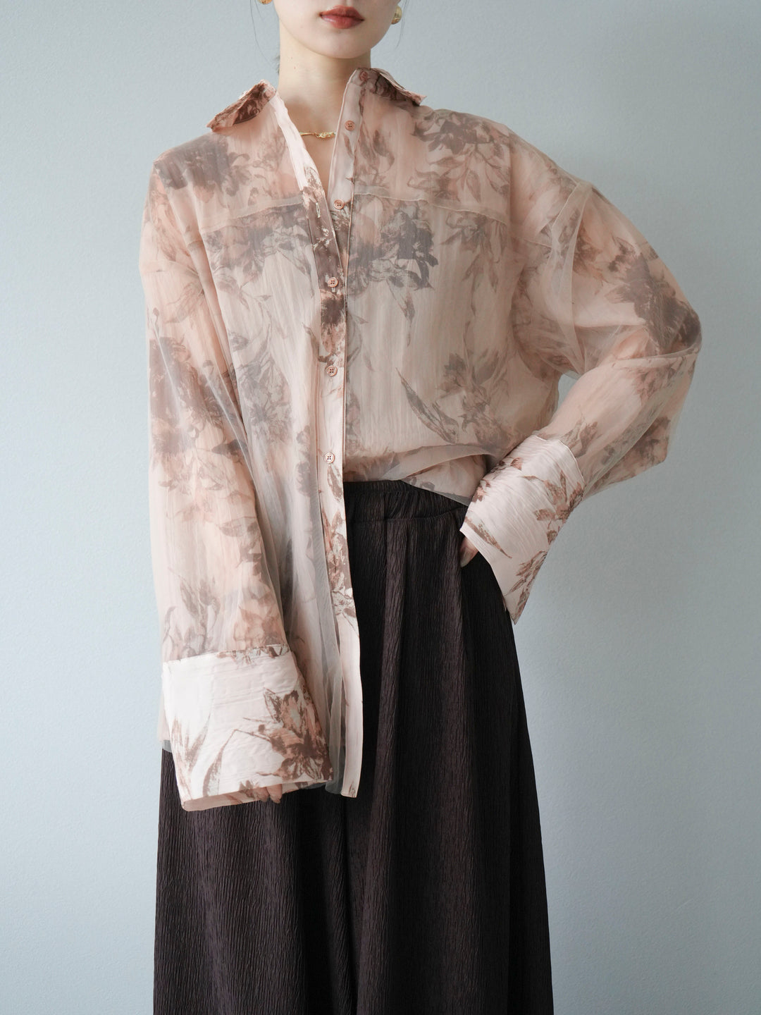 [予約]チュールドッキングフラワー柄オーバーサイズシャツ/ブラウン