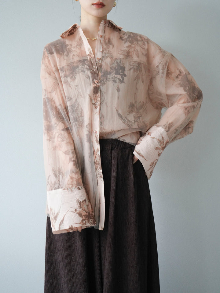 [予約]チュールドッキングフラワー柄オーバーサイズシャツ/ブラウン