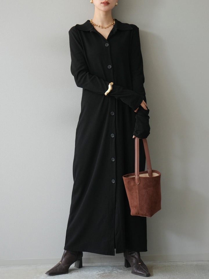 [予約]襟付きカットリブボタンワンピース/ブラック