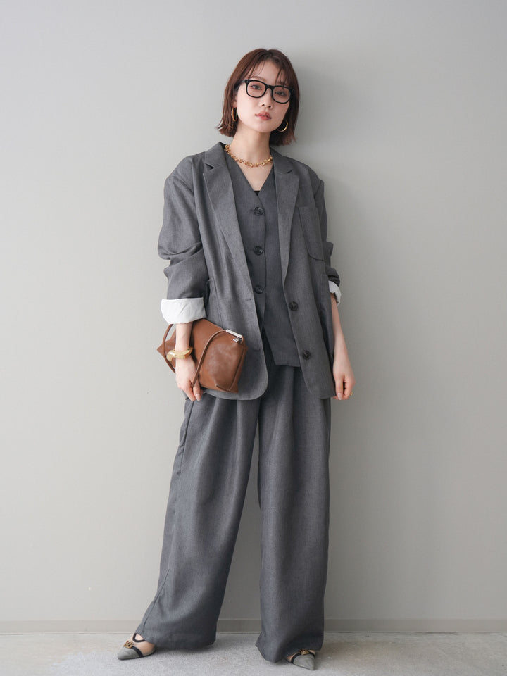 [SET]リネンライクテーラードジャケット+リネンライクバックオープンジレ+リネンライクタックワイドパンツ(3set)