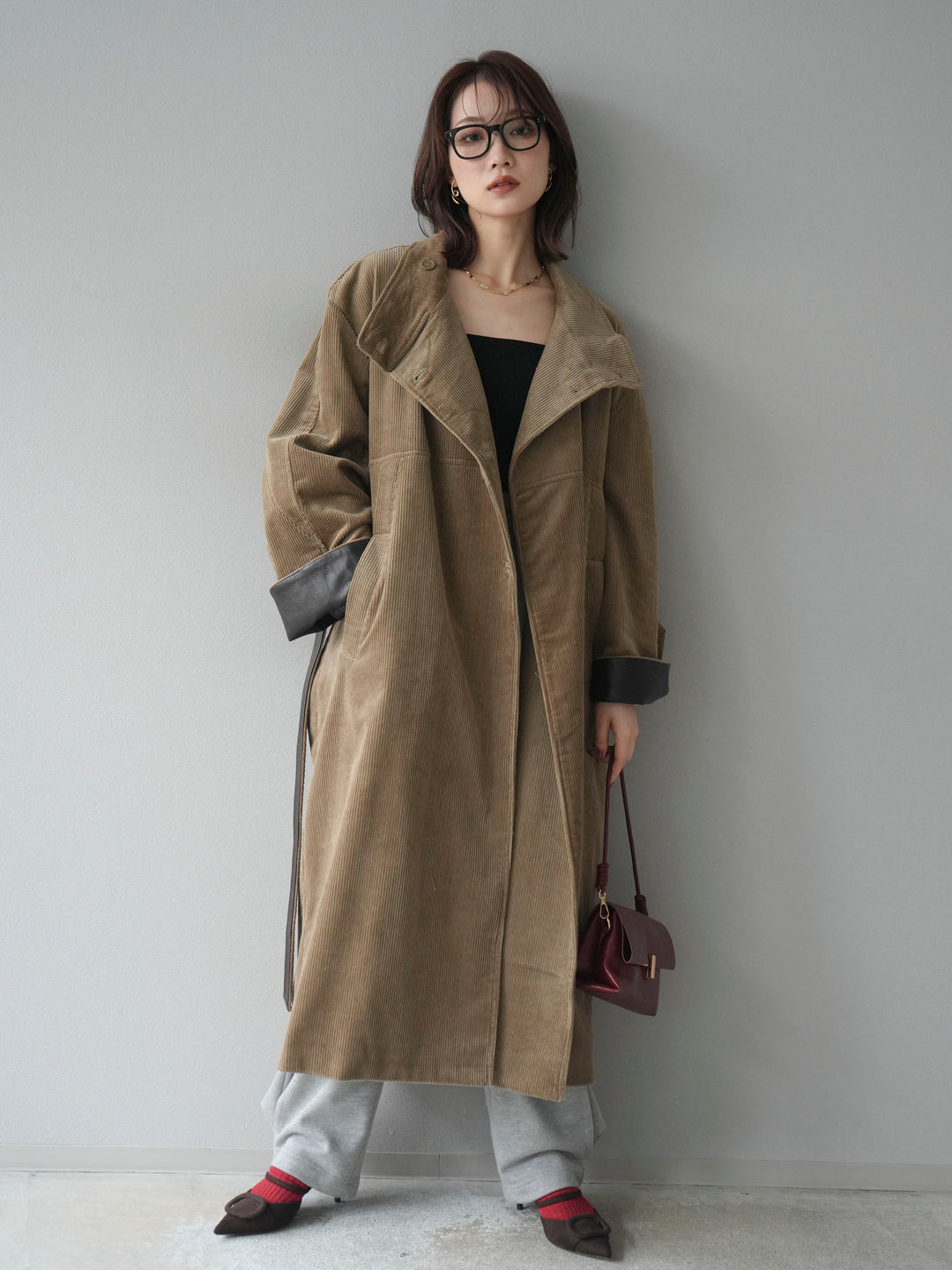 [予約]コーデュロイ折り返しレザーロングコート/beige