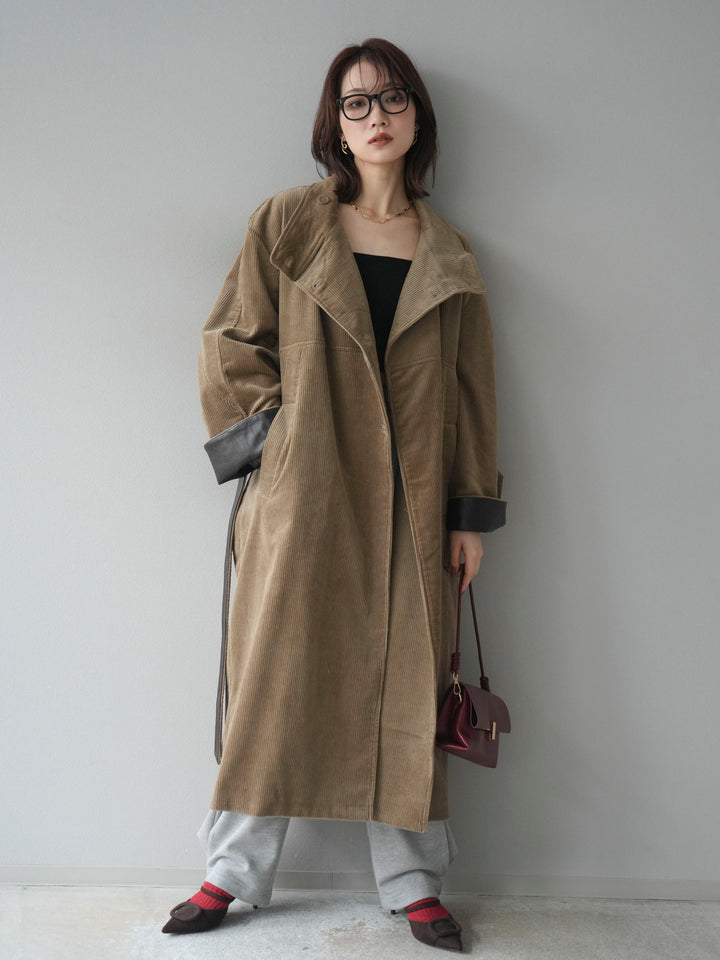 [予約]コーデュロイ折り返しレザーロングコート/beige