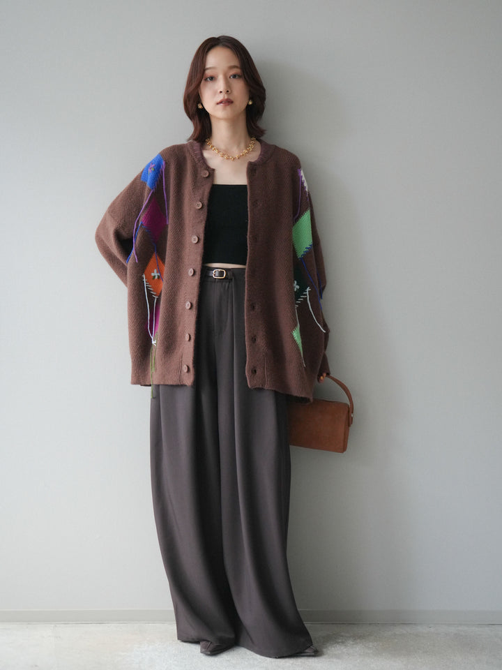 [SET]ハンドステッチアーガイルデザインニットカーディガン+ベルトループデザインワイドパンツ(2set)