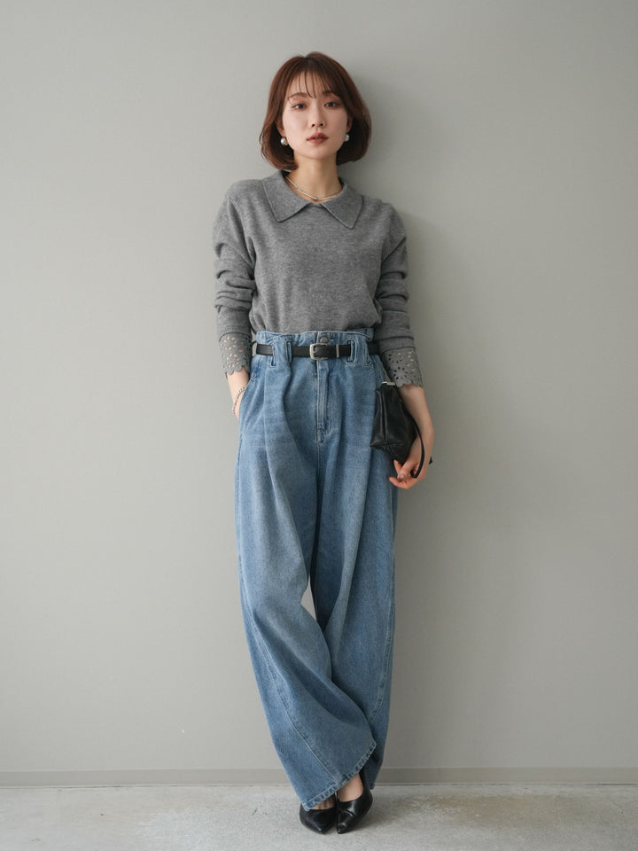 [SET]スカラップレース袖襟付きニットトップス+選べるアクセセット(2set)