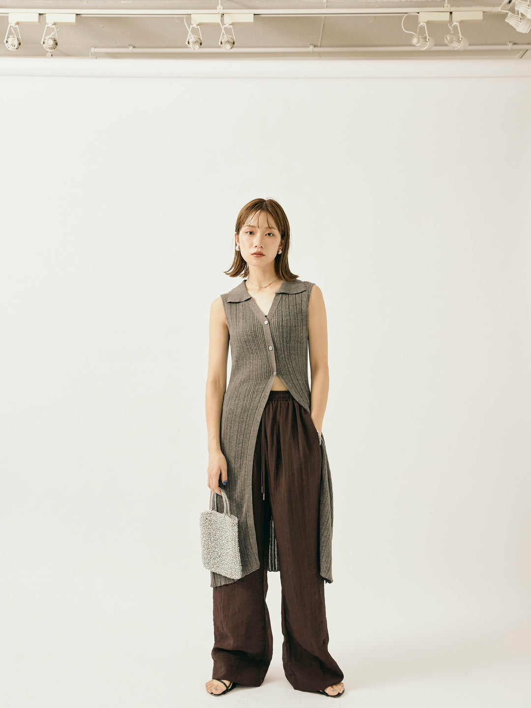 【Allure】[SET]襟付きランダムリブロングニットカーディガン+シャイニースラブシアーワイドパンツ(2set)