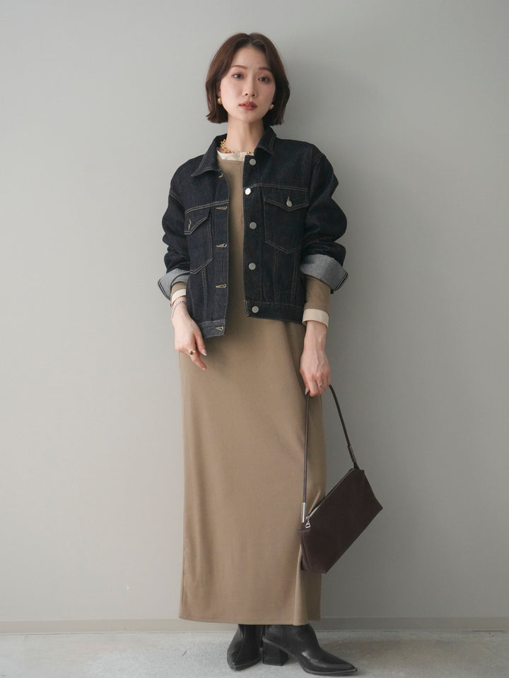 [予約]配色レイヤードヘンリーネックカットリブワンピース/mocha