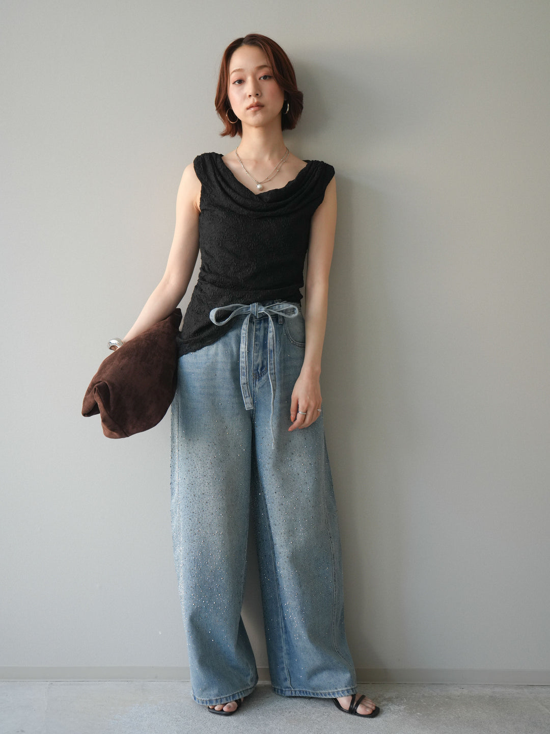 [予約]レースドレープネックアシメトップス/black