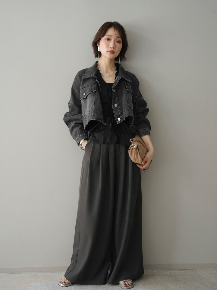 [SET]デニムショートシャツジャケット+ノースリサテンレースキャミソール+編み込みベルト付タックワイドパンツ(3set)