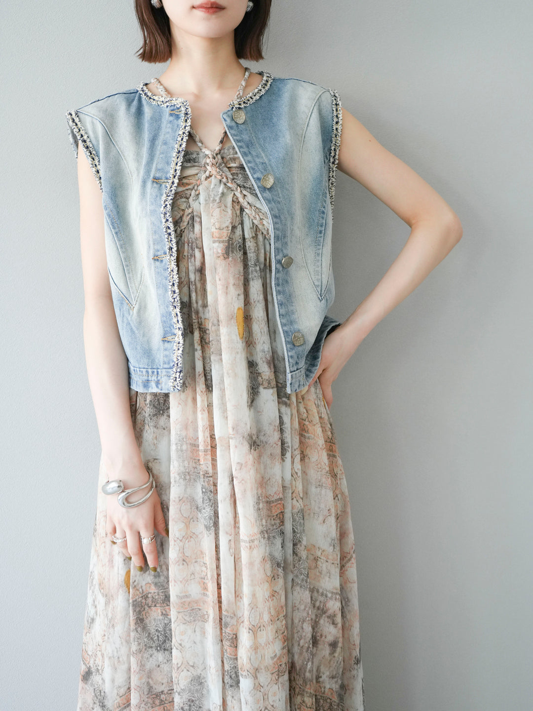 [予約]ツイードデザインデニムベスト/ライトブルー