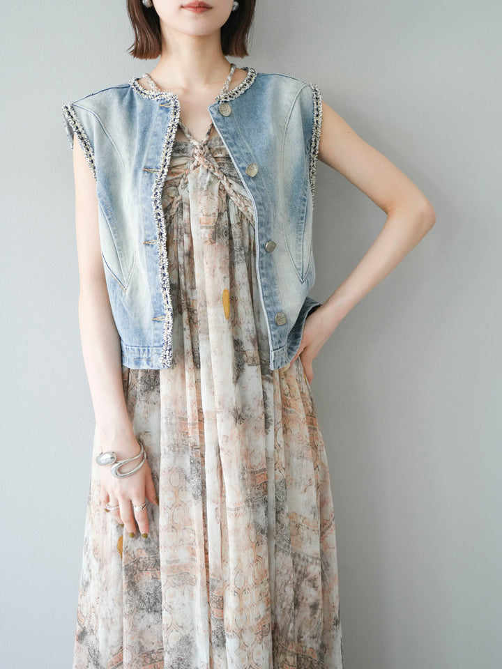 [予約]ツイードデザインデニムベスト/ライトブルー