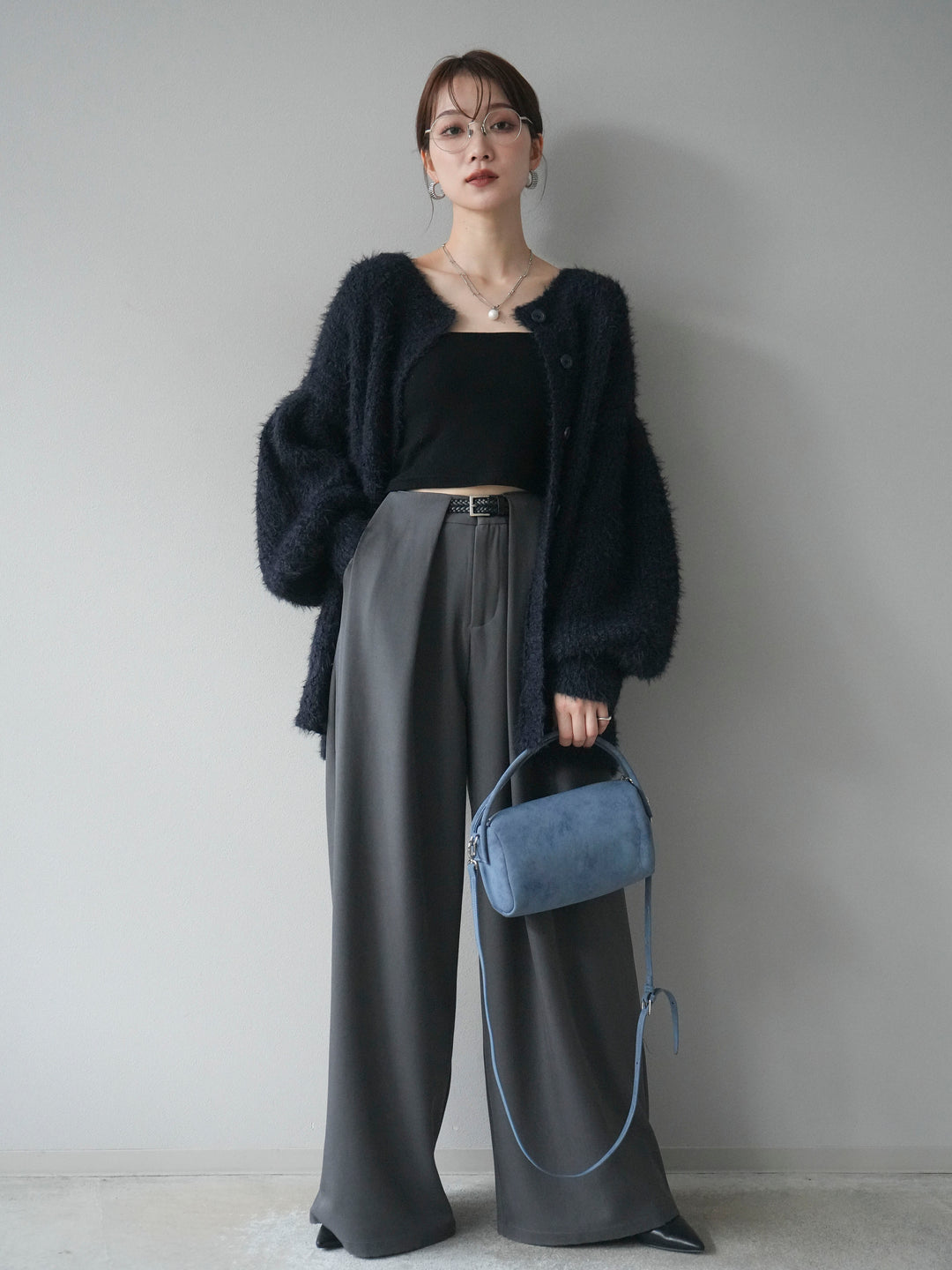 [SET]クルーネックランダムシャギーカーディガン+ベルトループデザインワイドパンツ(2set)