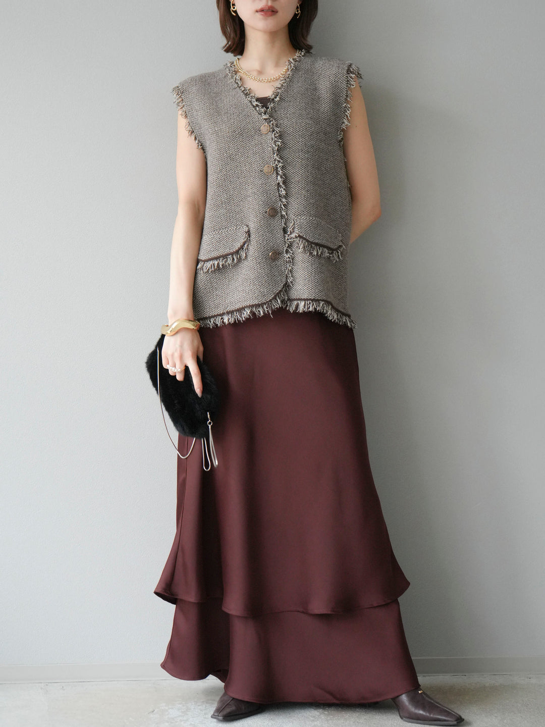 [予約]サテンフリルスカート/ブラウン