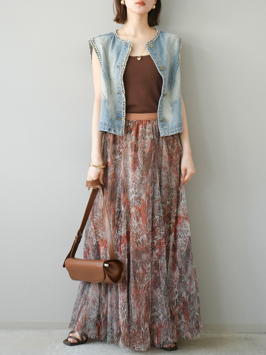 [予約]ニュアンス柄チュールレイヤードプリーツスカート/ブラウン