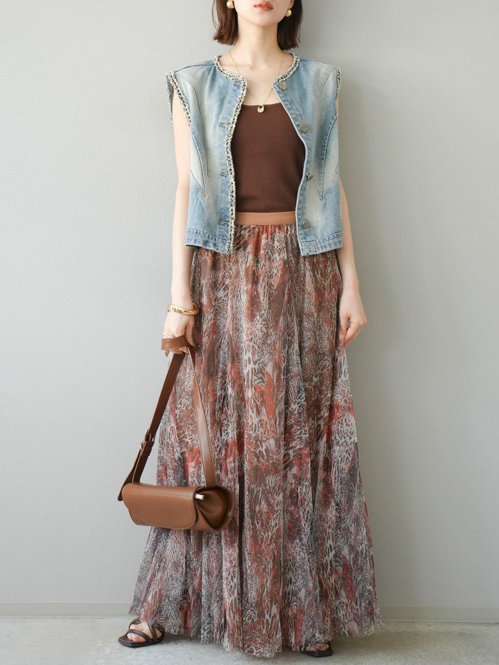 [予約]ニュアンス柄チュールレイヤードプリーツスカート/ブラウン