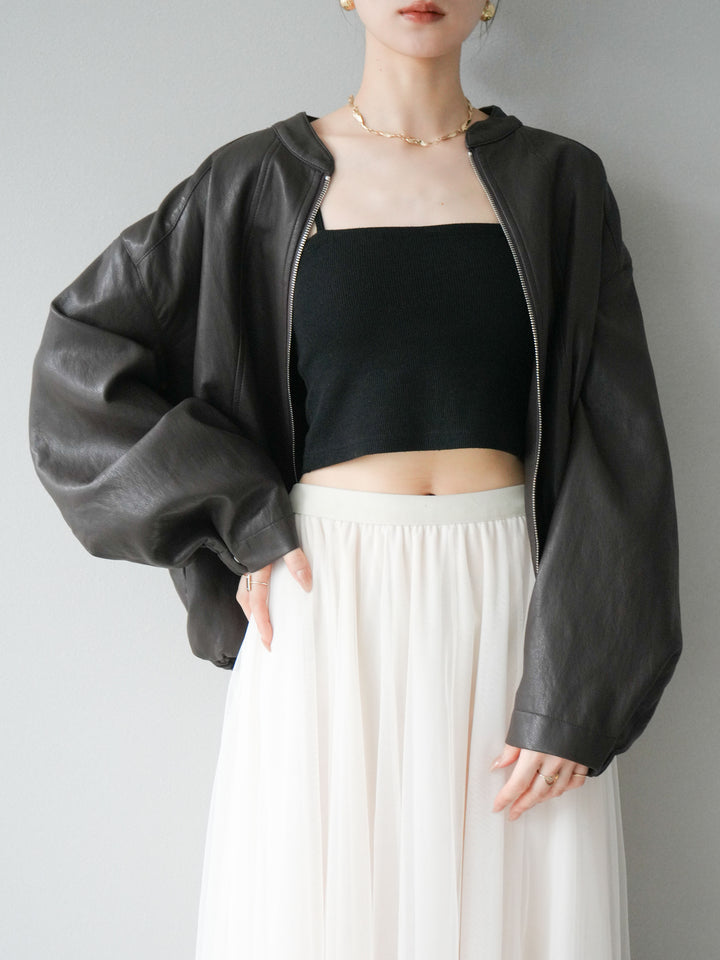 [予約]フェイクレザー裾バルーンブルゾン/ブラウン