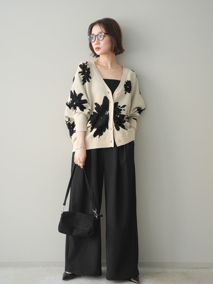 [予約]サテンベルトタックワイドパンツ/black