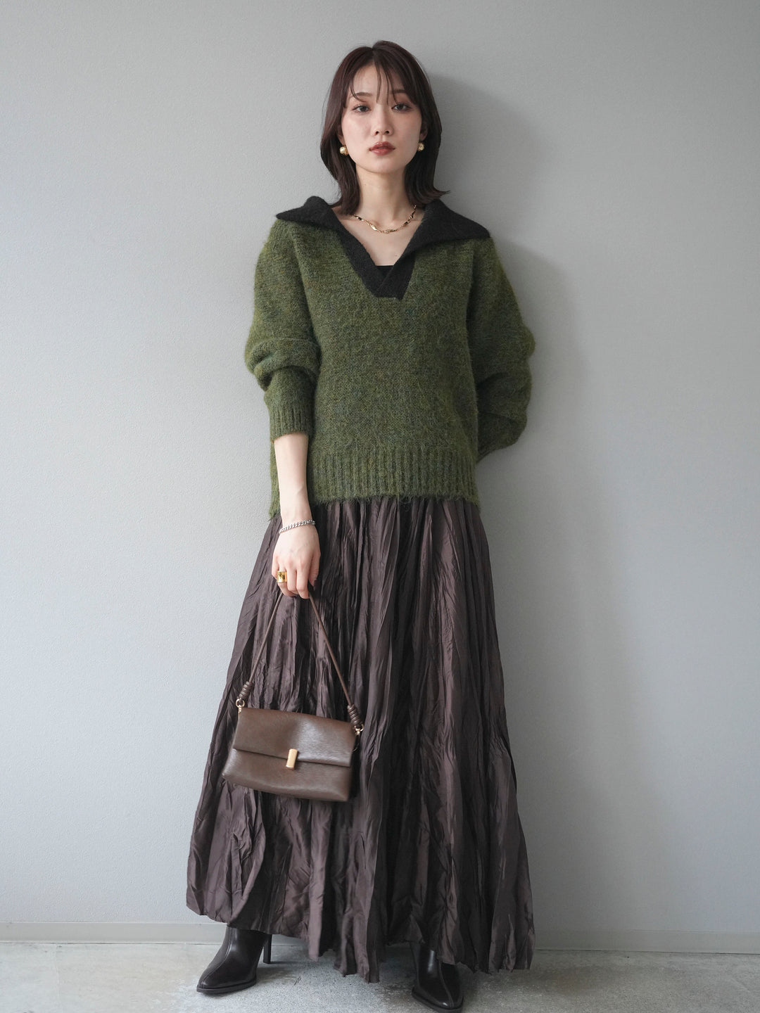 [予約]バイカラー襟付きニットプルオーバー/green