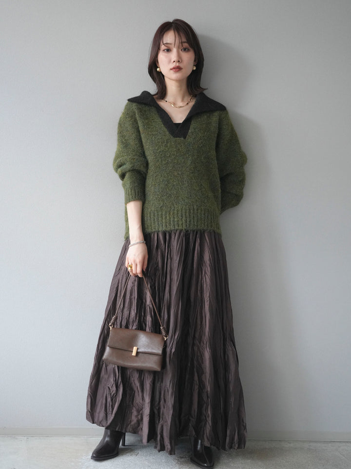[予約]バイカラー襟付きニットプルオーバー/green