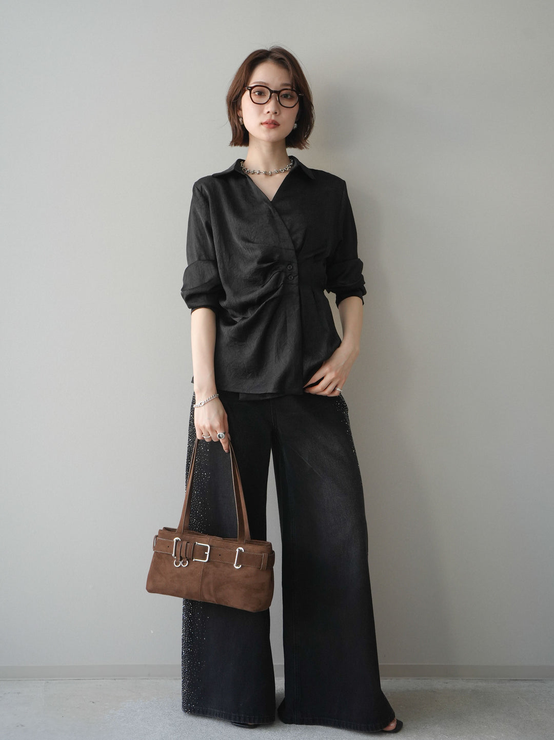 [予約]サイドビジューワイドデニムパンツ/black