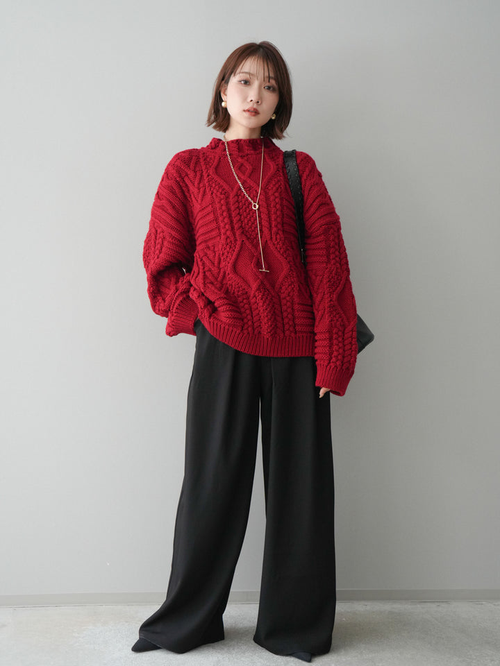 [予約]ケーブル編みモックネックニットプルオーバー/red