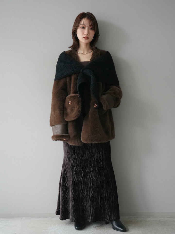 [予約]バッグ付エコファーノーカラーコート/brown