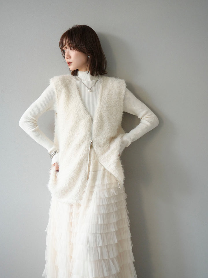 [予約]袖ボタンボトルネックリブニットトップス/アイボリー