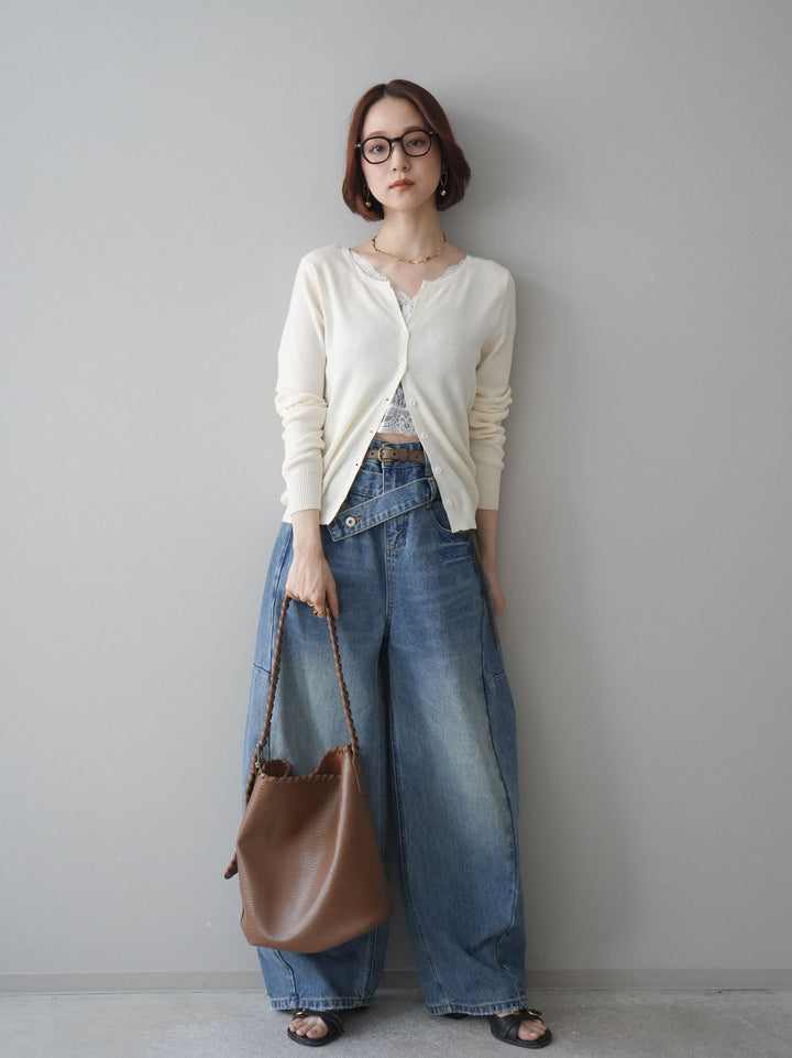 [SET]レースレイヤードニットカーディガン+アシメデザインワイドデニムパンツ(2set)